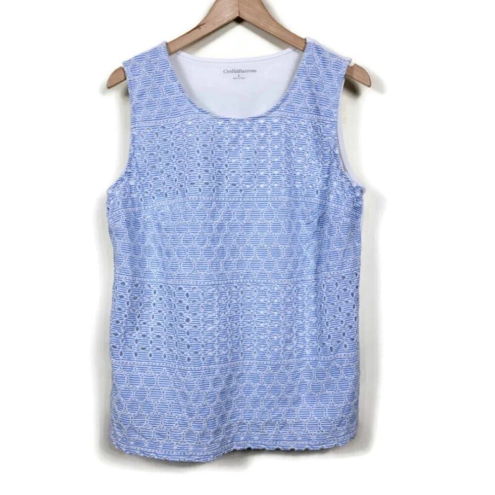 Croft & Barrow Eyelet Tank Top Womens Large Blue White Sleeveless Cotton Casual